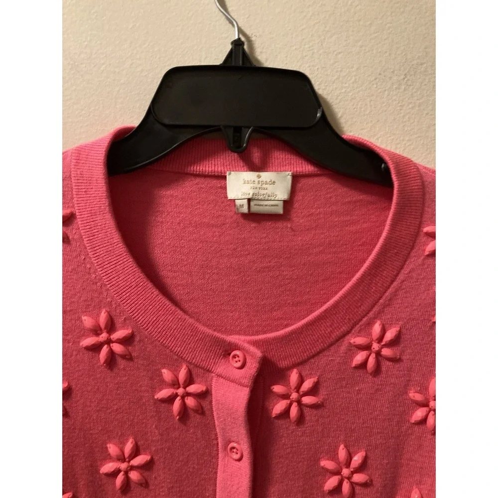 Kate Spade Cardigan Sweater Floral Cluster Havana‎ Coral Beaded Silk Blend Sz M